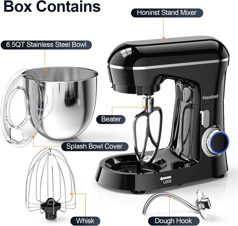 6.5QT Stand Mixer 10 Speed Tilt Head Kitchen Mixer Black Dough Hook Set1