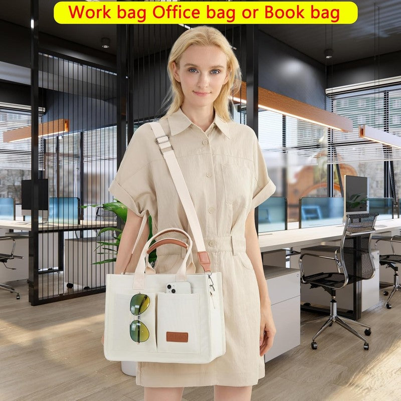 Women’s Canvas Tote Bag Large Shoulder Handbag w/ Compartments Work Laptop Bag5