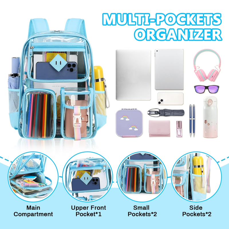 Large Clear Book Bag Waterproof See Through Backpack Blue Daisy5