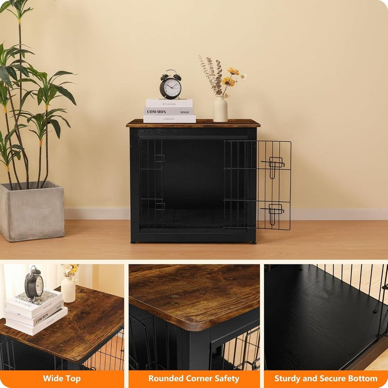 Dog Crate Furniture Table w/Cushion Wooden Kennel Double Door 27.2" Black/Brown5