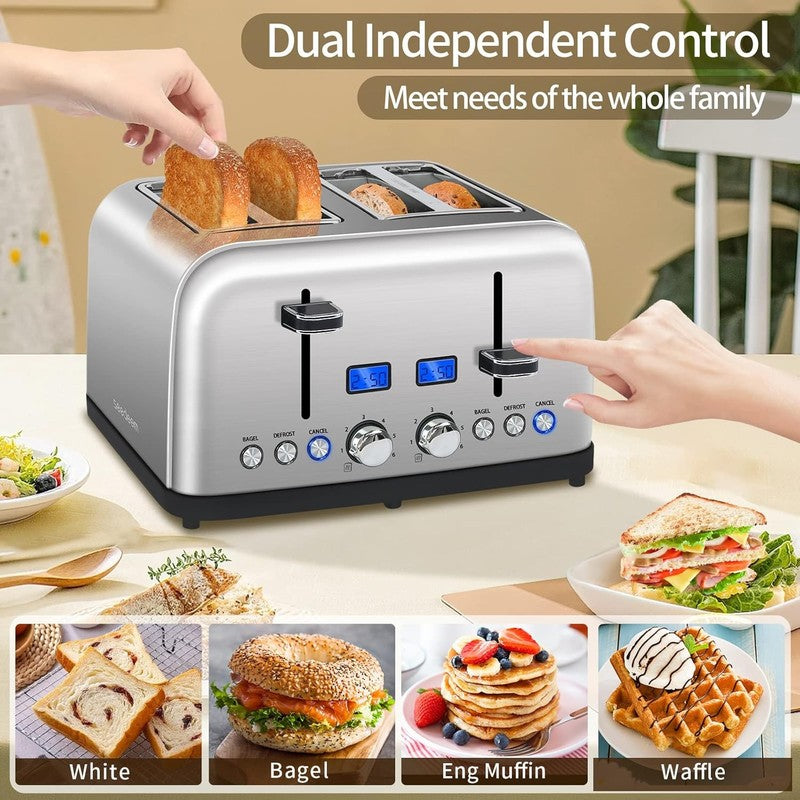 4 Slice Toaster Silver Metallic - LCD, Dual Control, Bagel, Defrost, 6 Shades4
