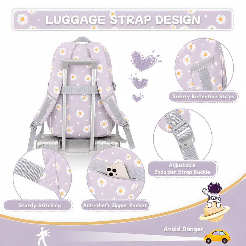 Kids School Backpack Set w/ Lunch Bag Pencil Case Gray Flower4