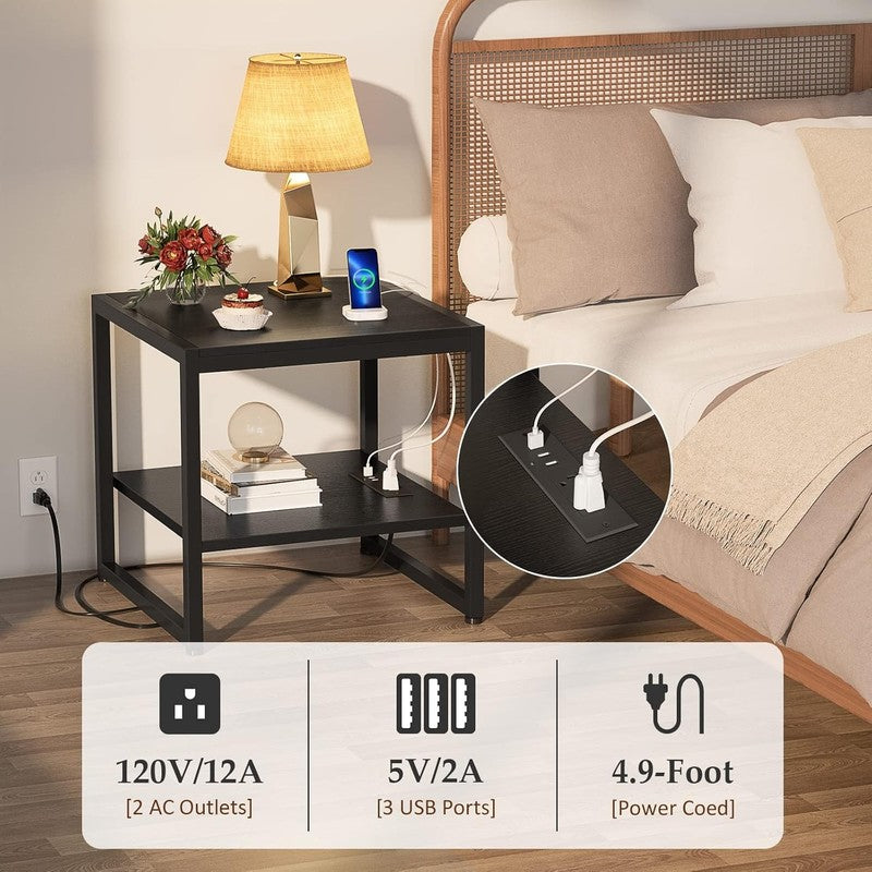 End Table with Charging Station 2 Tier Shelf Mini Fridge Stand Black3