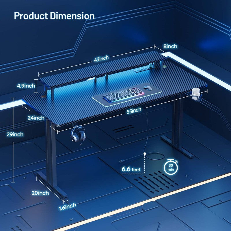 55" Gaming Desk w/ LED Lights & Power Outlet Computer Desk w/ Monitor Stand1