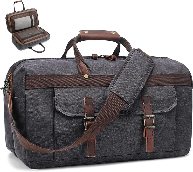 Waterproof Leather Canvas Duffle Bag Overnight Weekender Travel Bag Men Women0