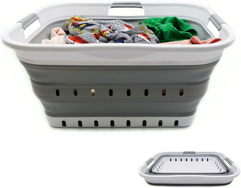 42L (11 Gal) Collapsible Plastic Laundry Basket White/Grey Foldable Hamper3