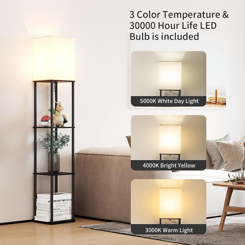 Floor Lamp with Shelves, Modern Square Standing Lamp with 3 Color Temperature Bu1