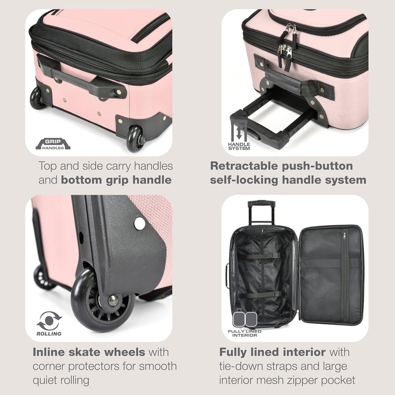 Rio Fabric Expandable Carry-On Luggage, Rolling Suitcase, Pink, 2 Wheel Set4