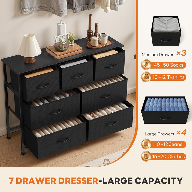 7 Drawer Fabric Dresser Storage Tower Steel Frame Wood Top Black6