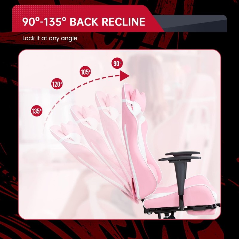 Pink Ergonomic Gaming Chair with Lumbar Support and Footrest for Office Use3