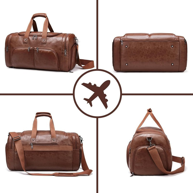 Leather Travel Duffle Bag Waterproof Weekender Shoe Compartment Gym Travel Bag5