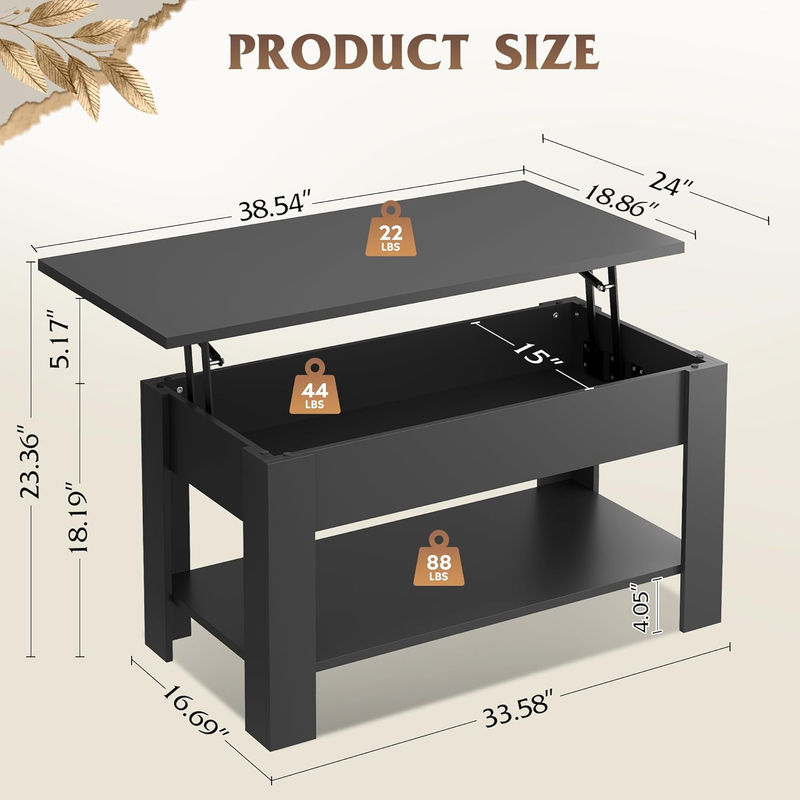39" Lift Top Coffee Table w/ Hidden Compartment Storage Shelf Black2