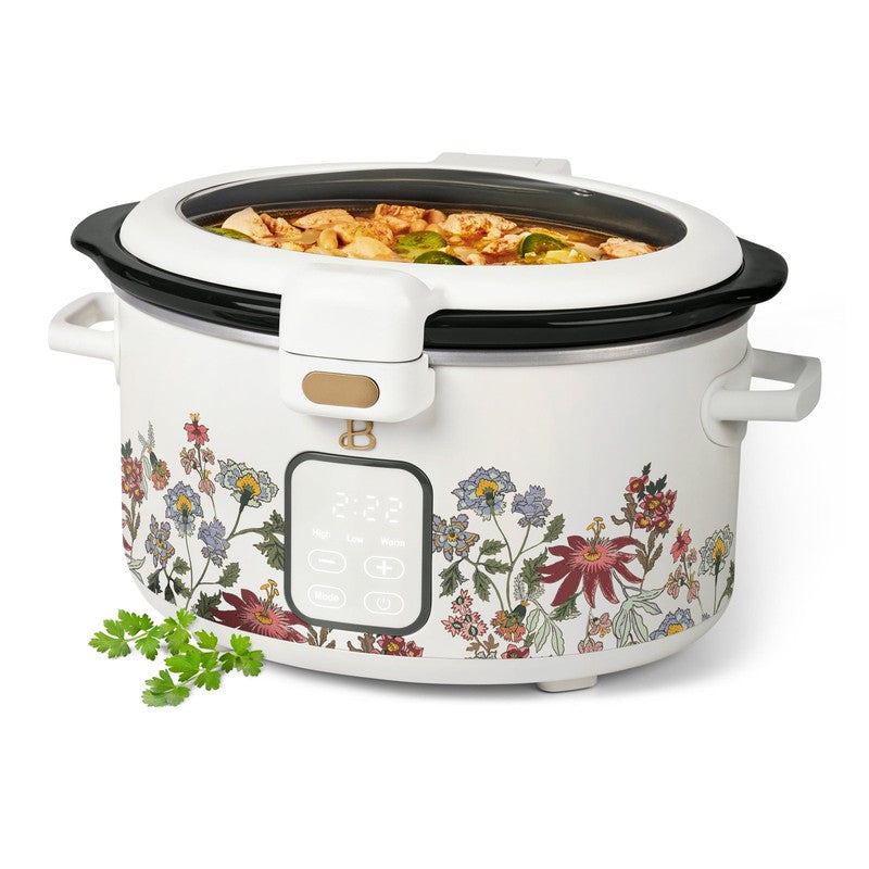Drew Barrymore 4Qt Digital Slow Cooker Hinged Locking Lid Wildflower White4
