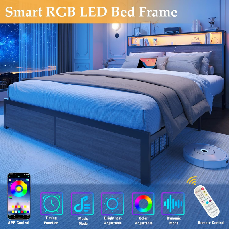 Queen Bed Frame LED Storage Headboard Drawers Charging Metal Rustic Grey2