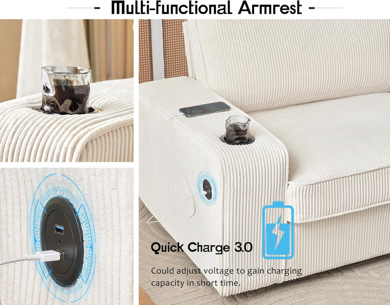 Bouclé Sofa Chair Cup Holders USB Charging Upholstered Living Room Couch White2