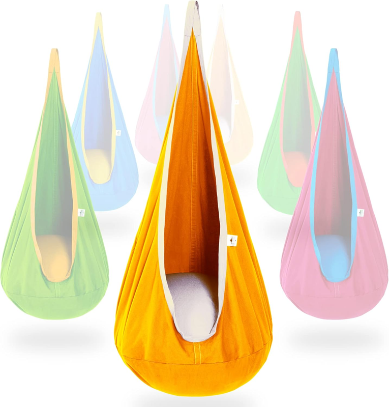 Kids Pod Swing Seat Cotton Hammock Sensory Chair Indoor Outdoor Yellow White9