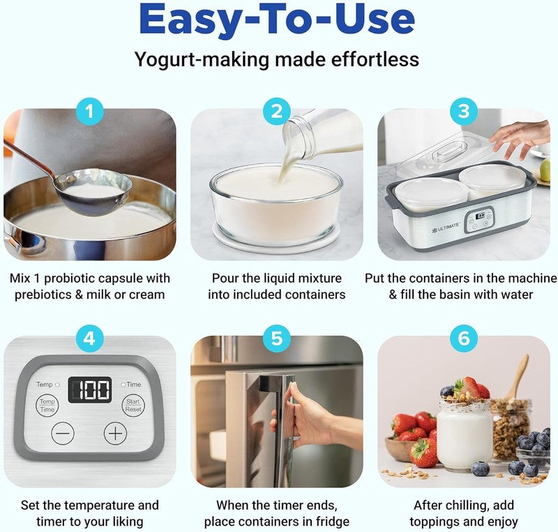 Probiotic Yogurt Maker w/ Temp & Time Control, 2 Qt, Greek Style, Warranty2