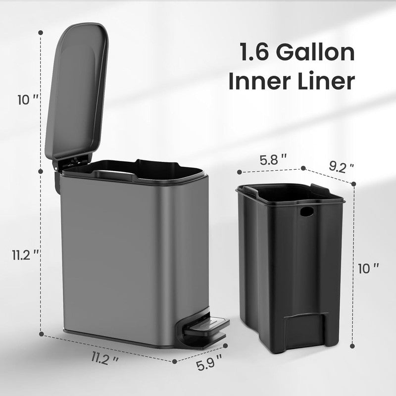1.6 Gal Gray Bathroom Trash Can w/ Lid, Pedal, Soft Close, Stainless Steel5