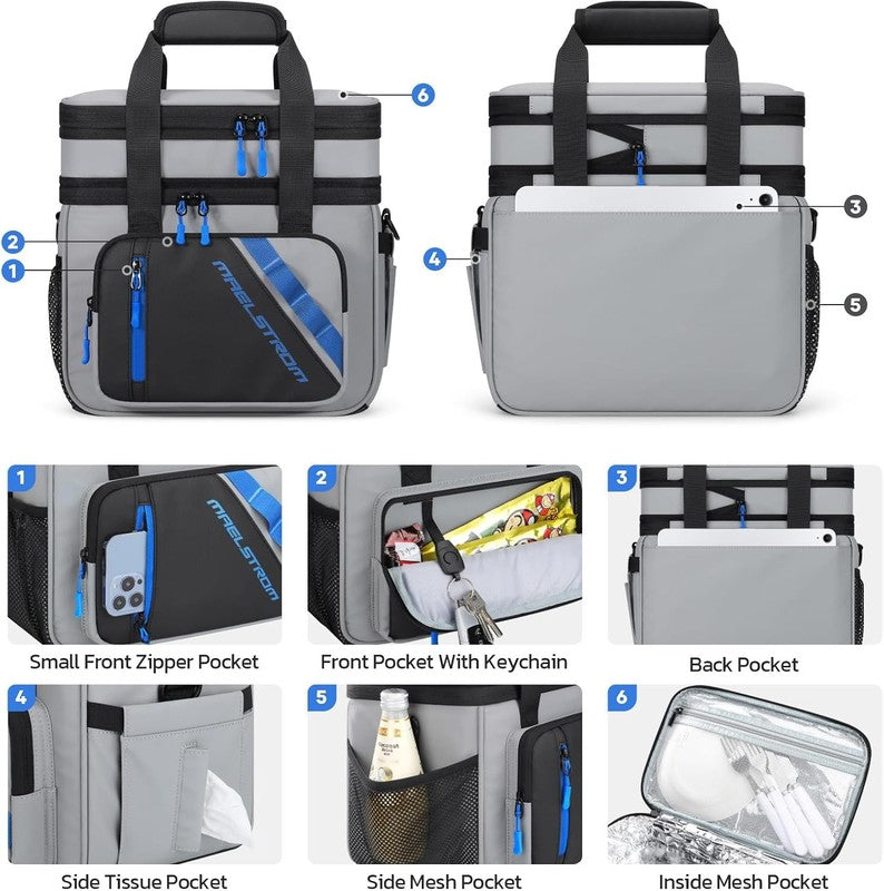 20L Expandable Double Deck Insulated Lunch Bag Grey Cooler2