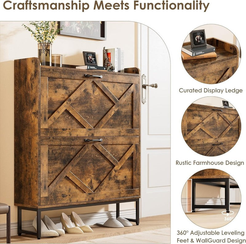 Shoe Cabinet 2 Flip Drawers Freestanding Slim Farmhouse Entryway Rustic Brown5