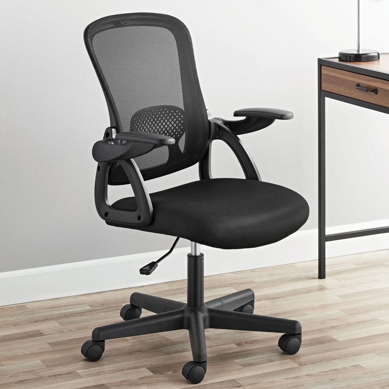 Ergonomic Mesh Back Office Chair with Flip up Arms for Adults, Black Fabric, 27510