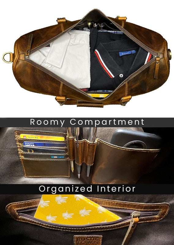 Leather Duffle Bag Men Travel Gym Carry On Overnight Weekender Rustic Town1