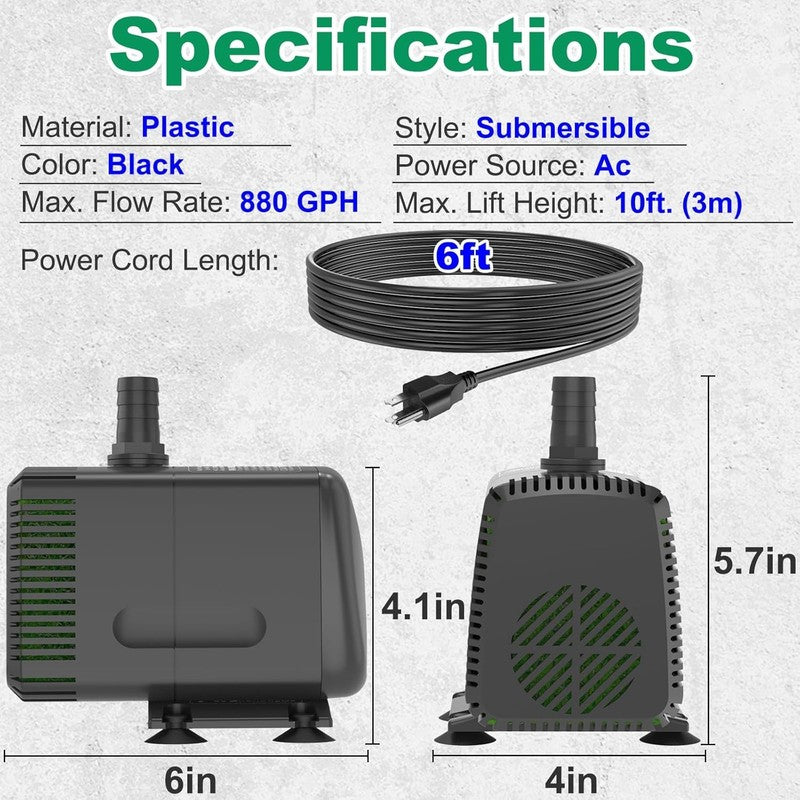 Whisper Quiet 880GPH Submersible Pump with Overheat Protection for Aquariums4