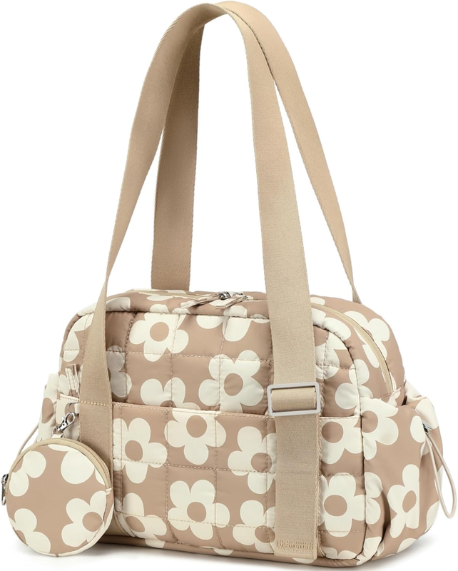 Mini Gym Bag Women Quilted Duffel Wet Compartment Coin Purse Brown Flower0