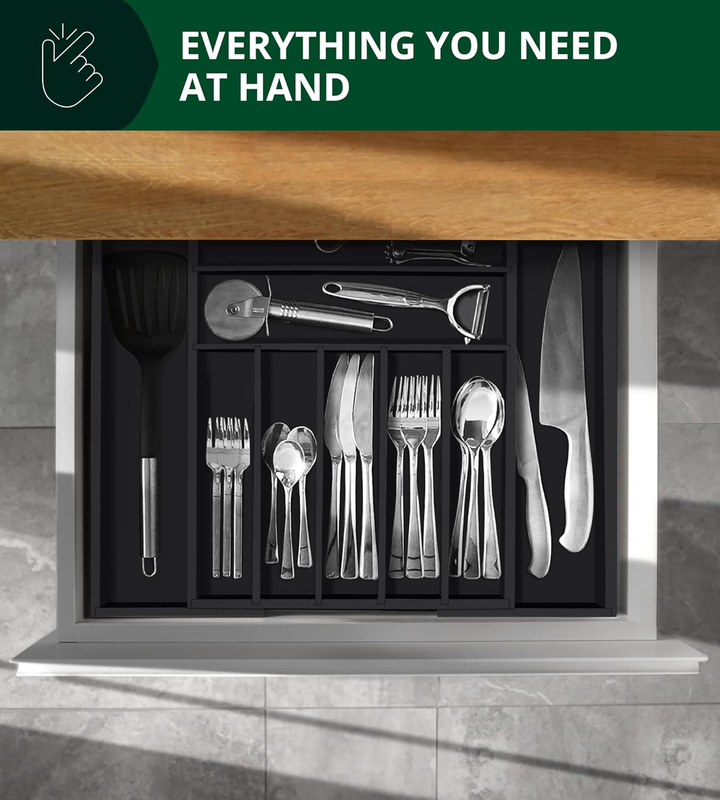 Bamboo Kitchen Drawer Organizer 9 Slot Black Silverware Cutlery Tray7