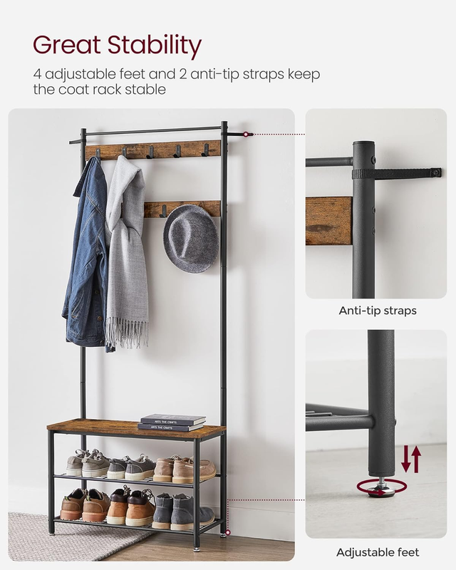 Coat Rack, Hall Tree with Shoe Storage Bench, Entryway Bench with Shoe Storage, 5