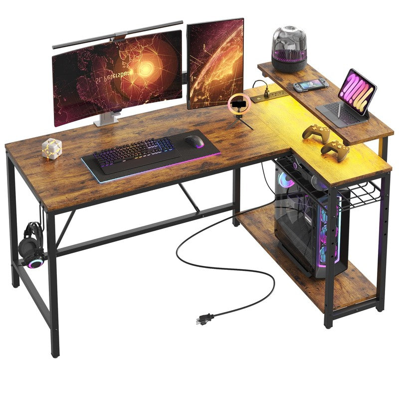 52" L-Shaped Computer Desk LED with Power Outlet & Monitor Stand Rustic8