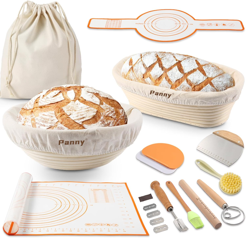 Banneton Basket Set 9" Round & 10" Oval w/ Liners   Sourdough Baking Kit & Tools9