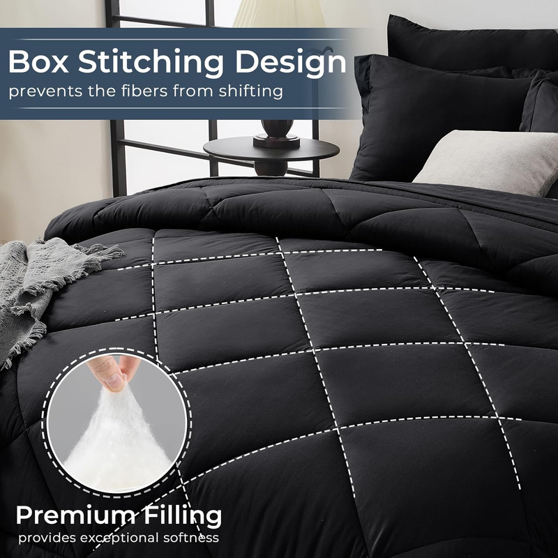 Black Queen Comforter Set 7 Piece Bed in a Bag Ultra Soft Shams Set Black3