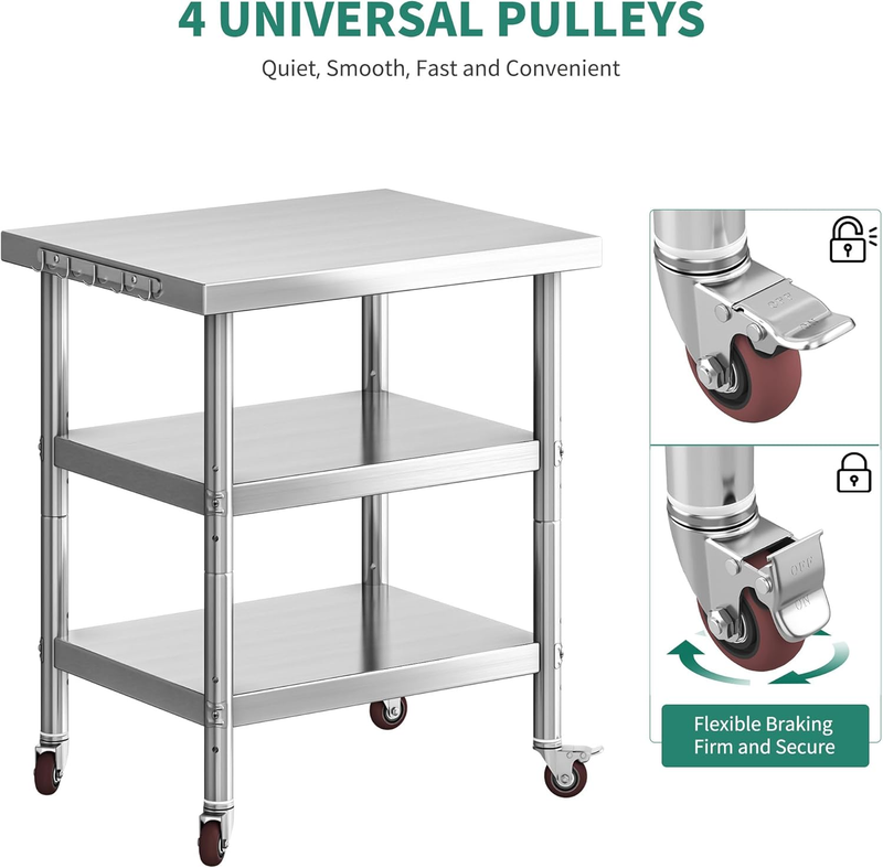 Stainless Steel Work Table 30x24 w/ Wheels 3 Shelf Prep Table3