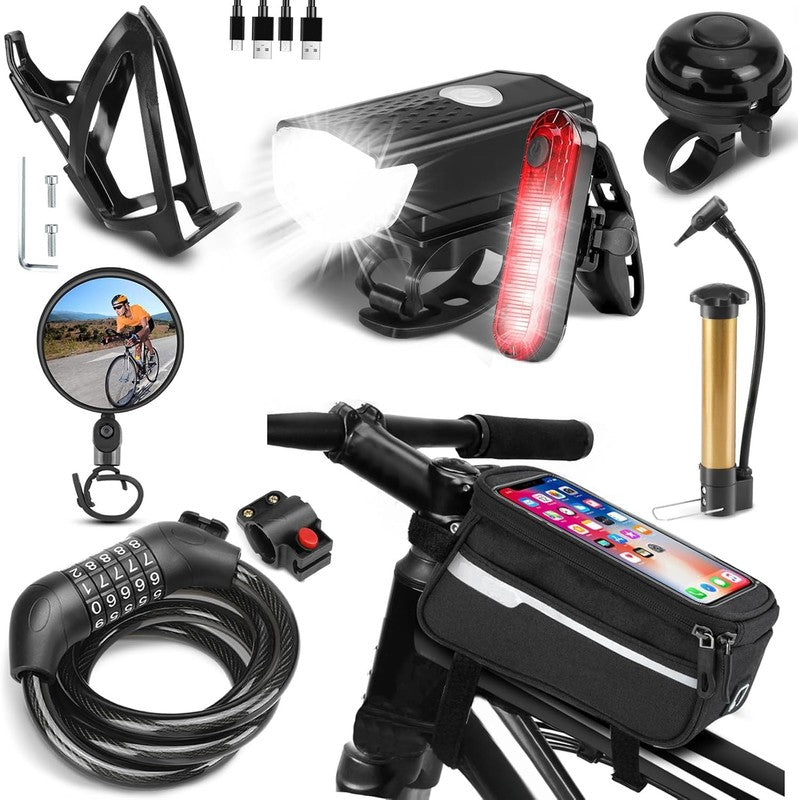 8-Pack Bicycle Accessories Set USB Rechargeable Lights, Bell, Pump Bottle Holder1