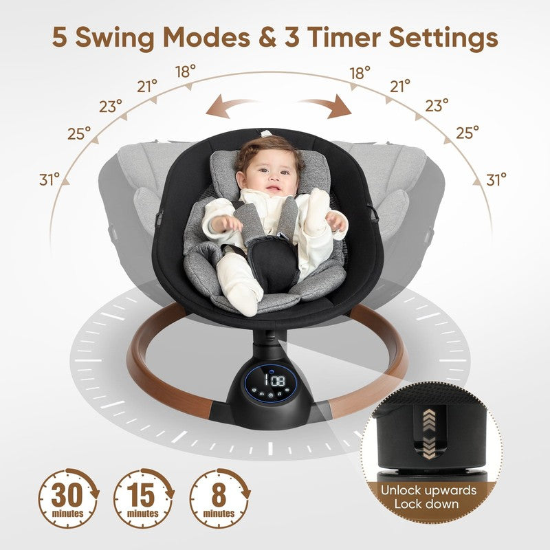 Baby Swing for Infants Bluetooth Control 5 Point 5 Speeds 10 Lullabies Grey5