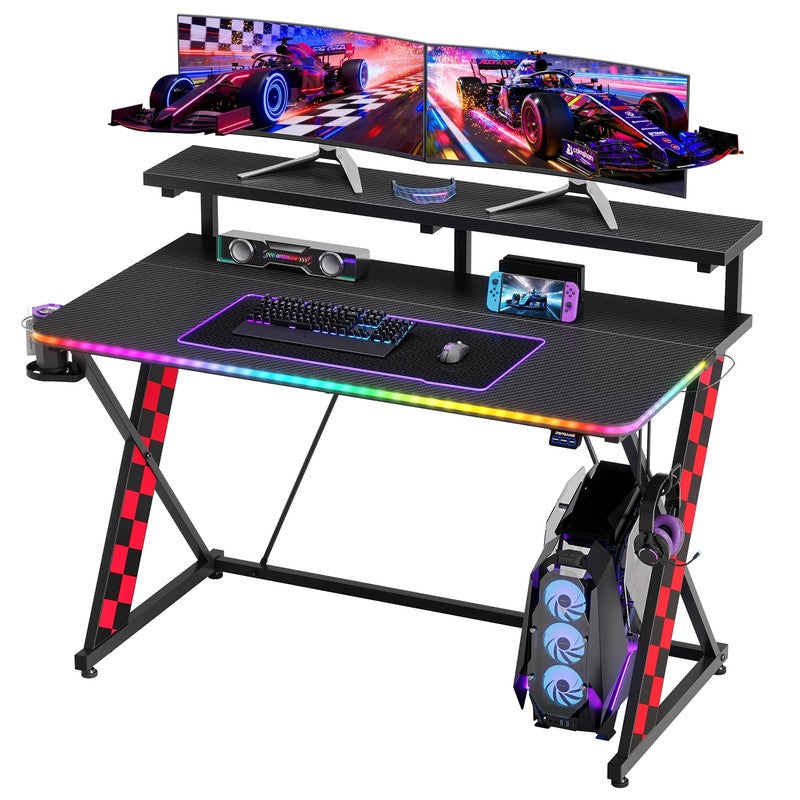 43" X-Shaped Gaming Desk Music Sync LED with Monitor Stand Red Racing3