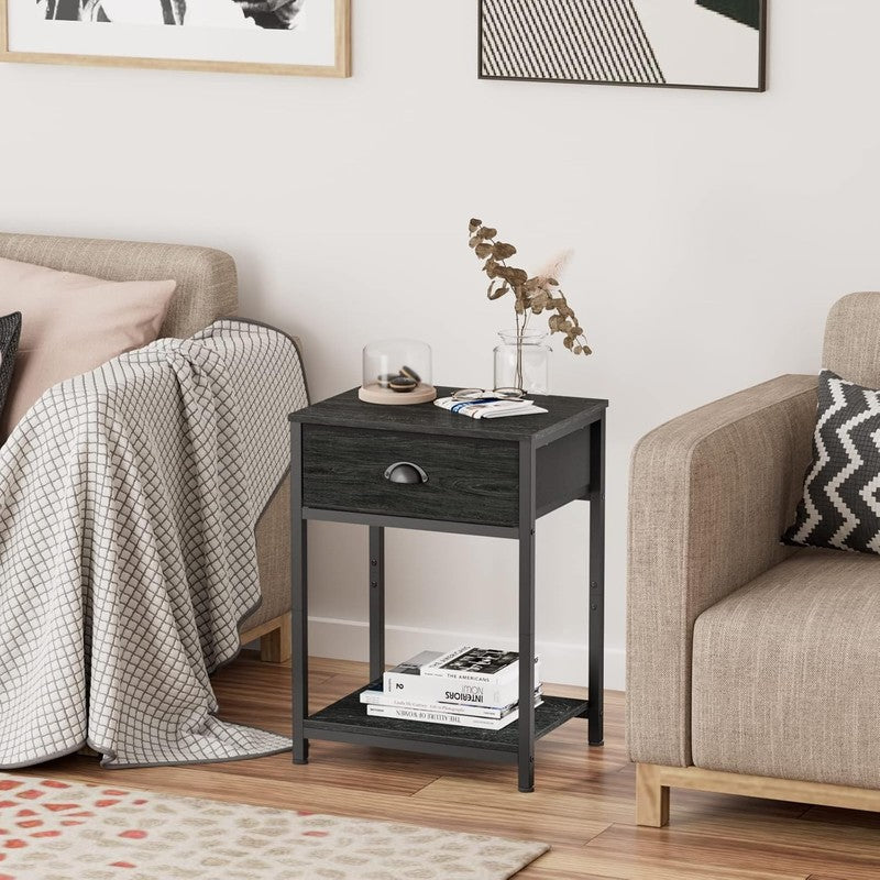 Set of 2 Industrial Nightstands with Drawer & Shelf, Black Oak 23.6" Tall6