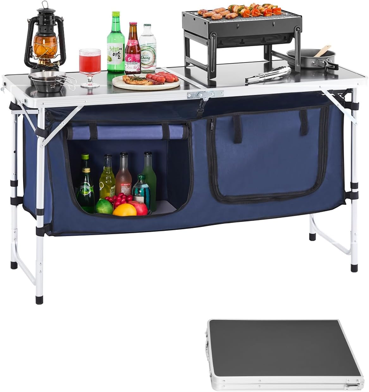 Camping Kitchen Table Folding Adjustable Height Cooking Station Aluminum Blue0