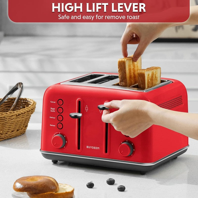 Retro 4 Slice Toaster 1800W Extra Wide Slots 7 Shade Bagel Muffin Stainless Red4