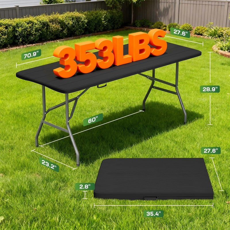 6 Foot Folding Table with Handle Heavy Duty Plastic Party Table Black Indoor Out2
