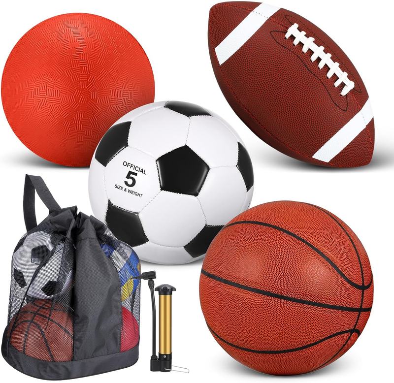 4 Pcs Sports Balls Set for Teen Adult, Include Official Size Basketball Soccer F9