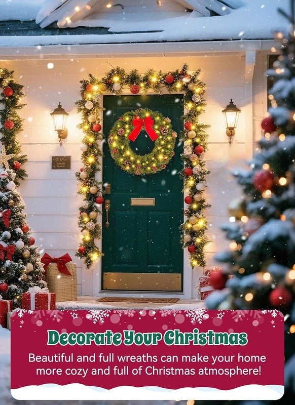 24" Pre-Lit Christmas Wreath Battery LED Pinecones Red Berries Front Door Decor1