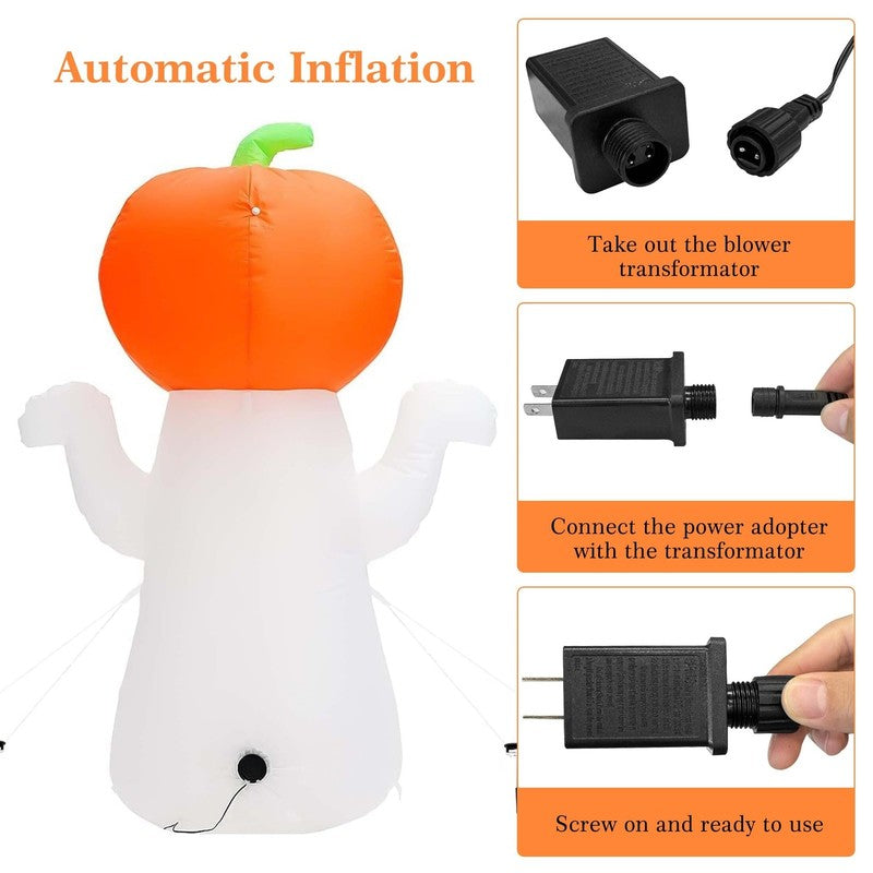 5Ft Halloween Inflatable Pumpkin Ghost w/ 360° Colorful LED Lights Yard Decor3