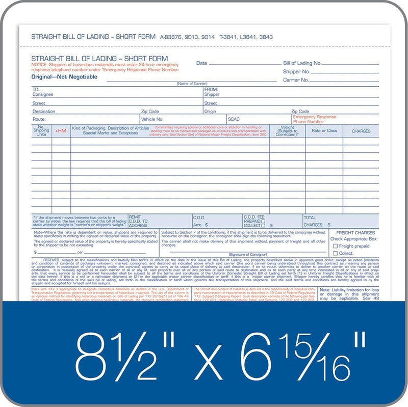 3 Part Bill of Lading Short Form, 250 Count, White, 8.5 x 7.4 Inches1