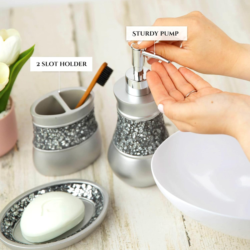 Elegant 4-Piece Crackled Glass Bathroom Accessory Set - Silver Finish2