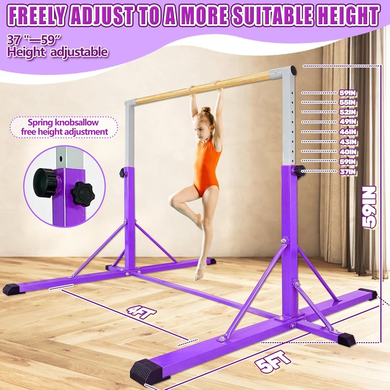 Kids Gymnastics Bar 35" 60" Adjustable Kip Bar 4FT Base Home Training1