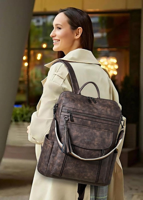 Women Laptop Backpack 15.6" Leather Travel Work Water Resistant Coffee1