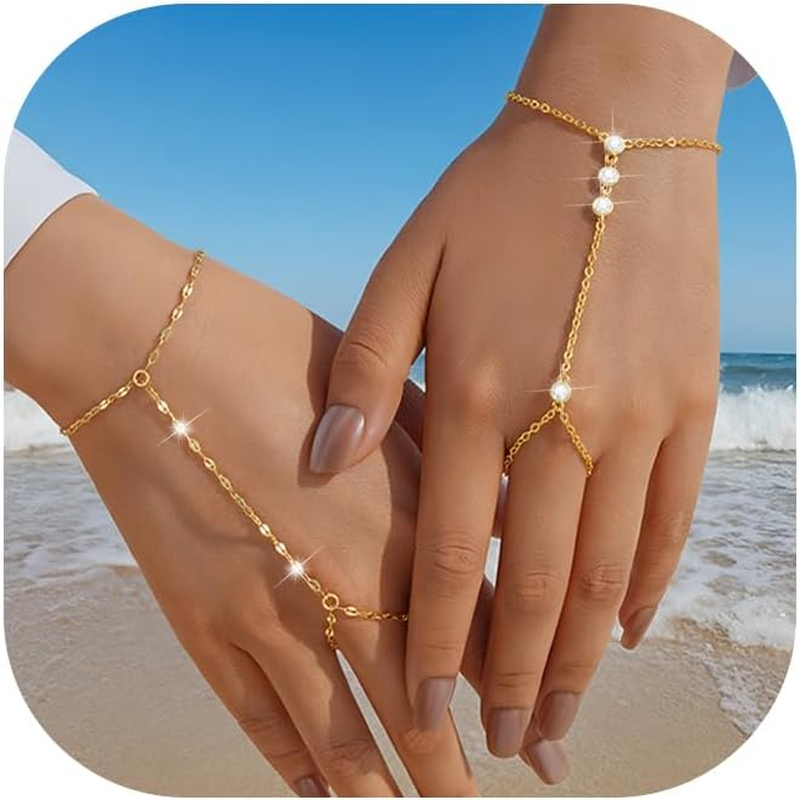 14K Gold Plated CZ Link Hand Chain Bracelet Set, 2 Pcs Jewelry for Women0