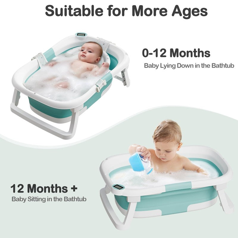 Foldable Baby Bathtub PP+TPE with Soft Bath Net&Thermometer for 0 36 Months Todd1